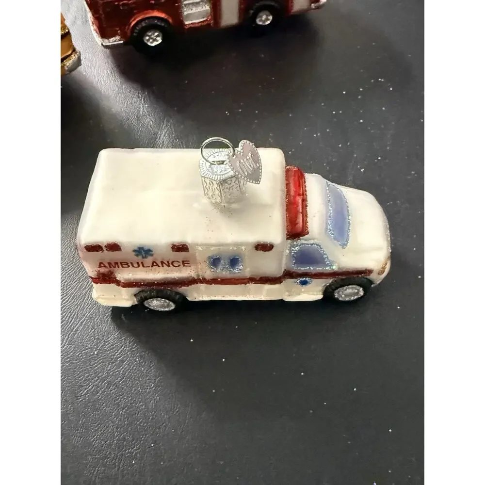 Old World Christmas Glass Ornaments School Bus Fire Truck Ambulance Double Bus